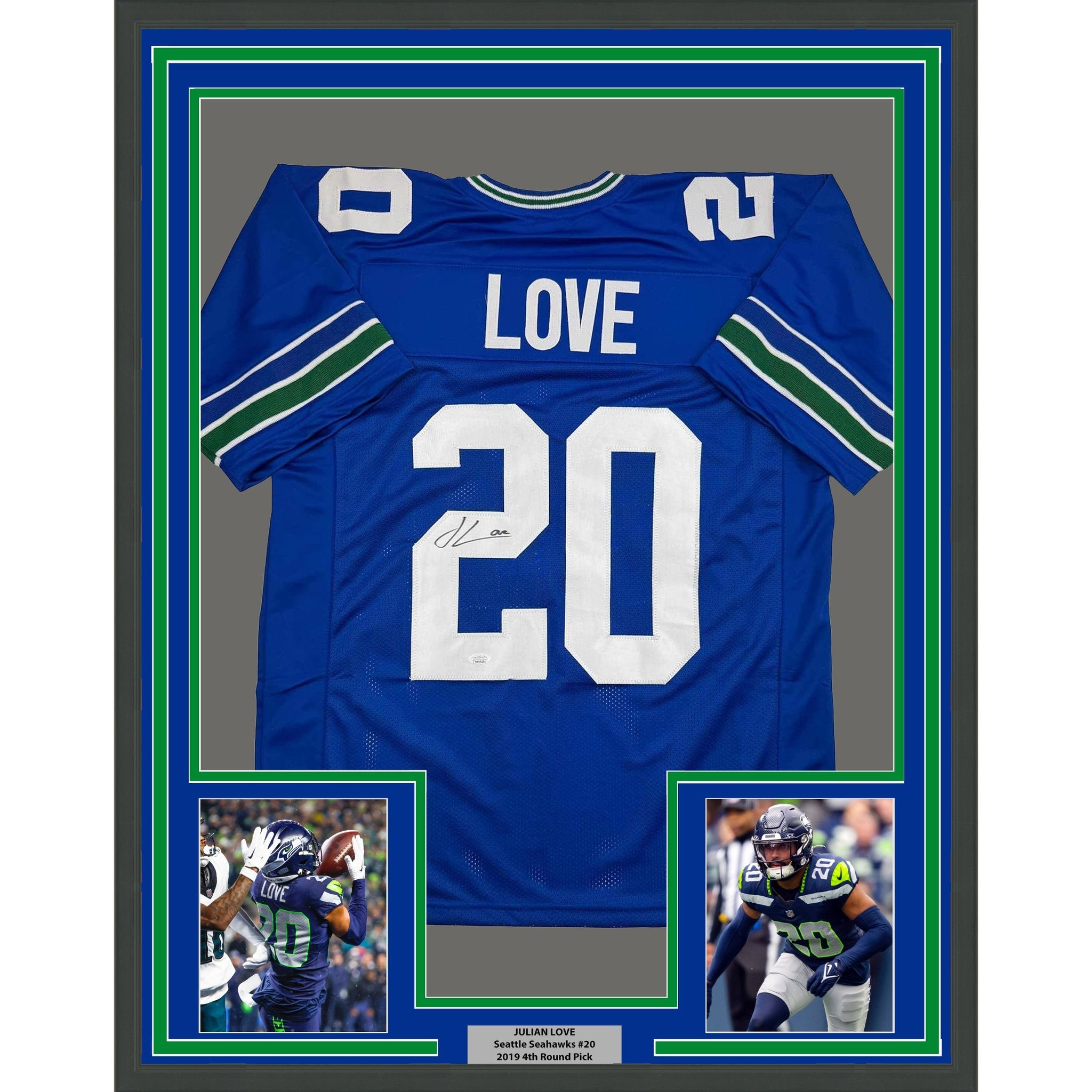 Framed Autographed/Signed Julian Love 35x39 Seattle Blue Retro Football Jersey JSA COA