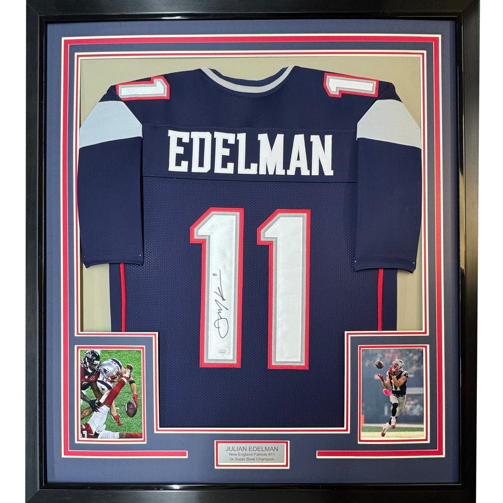 Framed Autographed/Signed Julian Edelman 35x39 New England Blue Football Jersey JSA COA