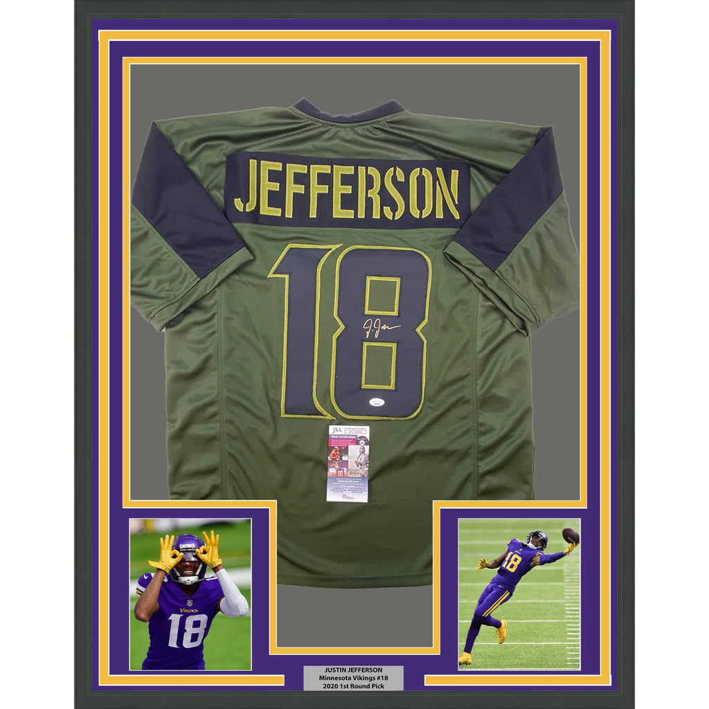 Framed Autographed/Signed Justin Jefferson 35x39 Green Salute To Service Football Jersey JSA COA