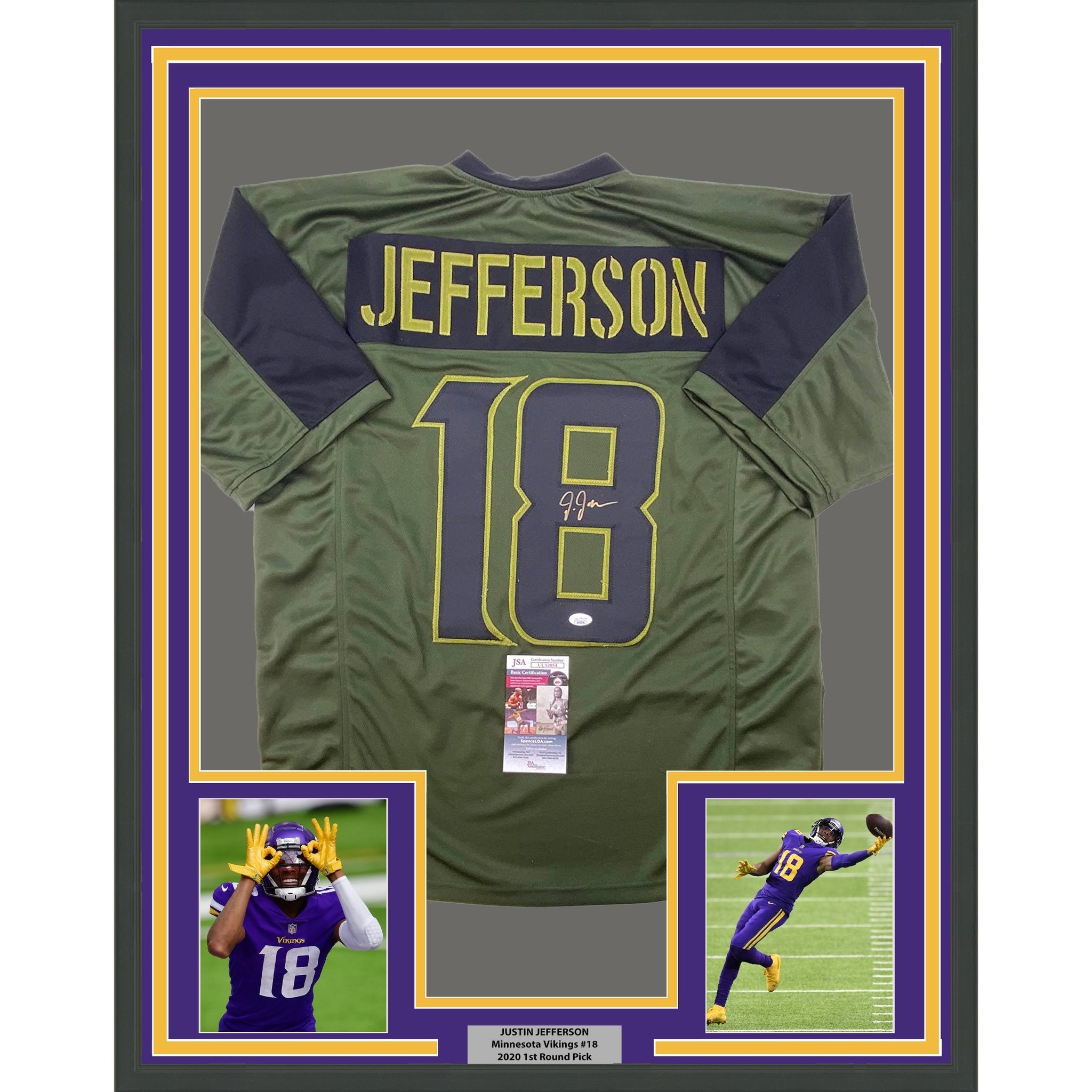 Framed Autographed/Signed Justin Jefferson 35x39 Green Salute To Service Football Jersey JSA COA