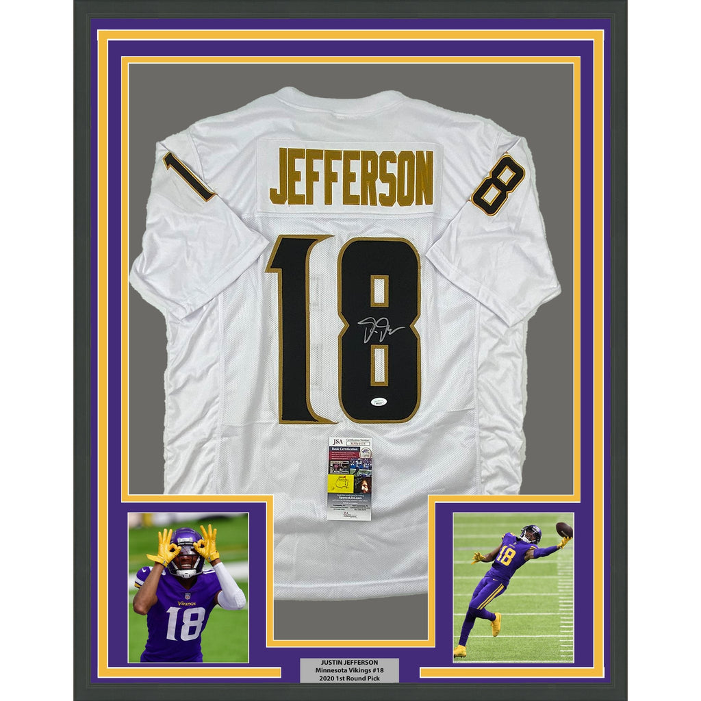 Framed Autographed/Signed Justin Jefferson 35x39 Minnesota White/Gold Football Jersey JSA COA