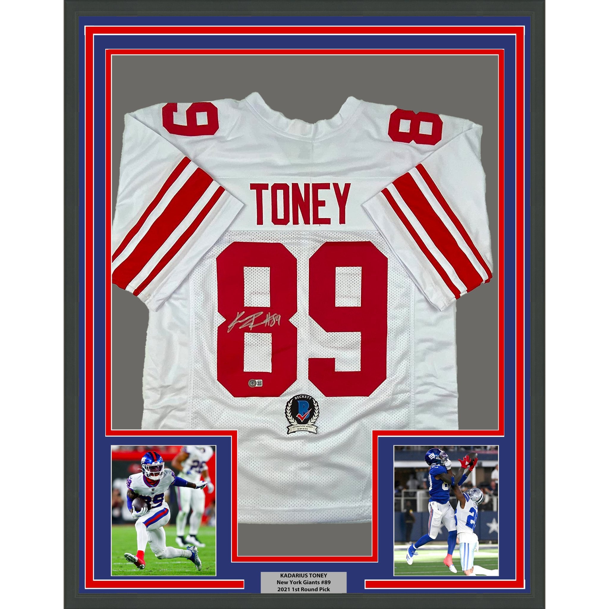 Framed Autographed/Signed Kadarius Toney 35x39 New York White Football Jersey Beckett BAS COA