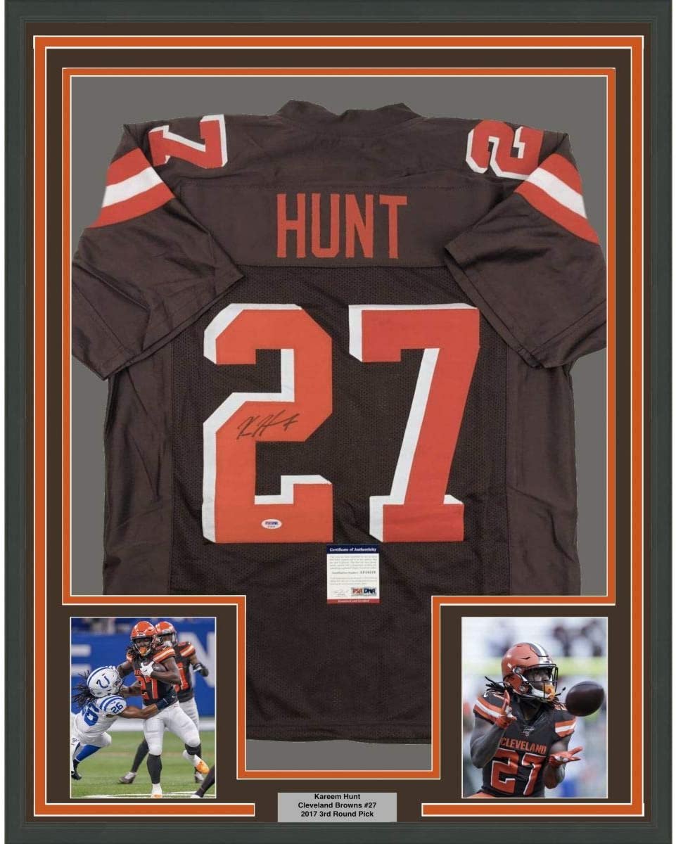Framed Autographed/Signed Kareem Hunt 35x39 Cleveland Brown Football Jersey PSA/DNA COA