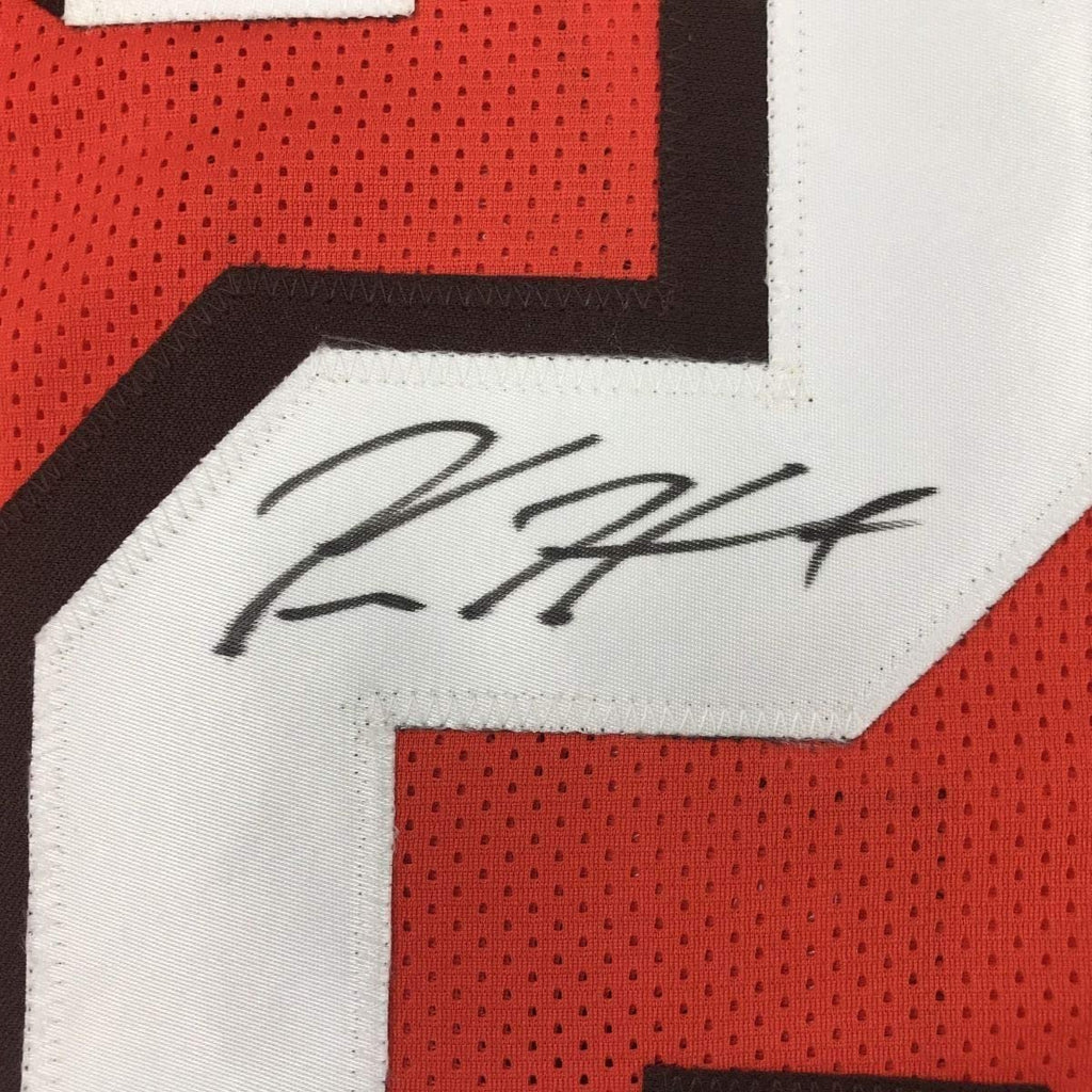 Framed Autographed/Signed Kareem Hunt 35x39 Cleveland Orange Football Jersey JSA COA