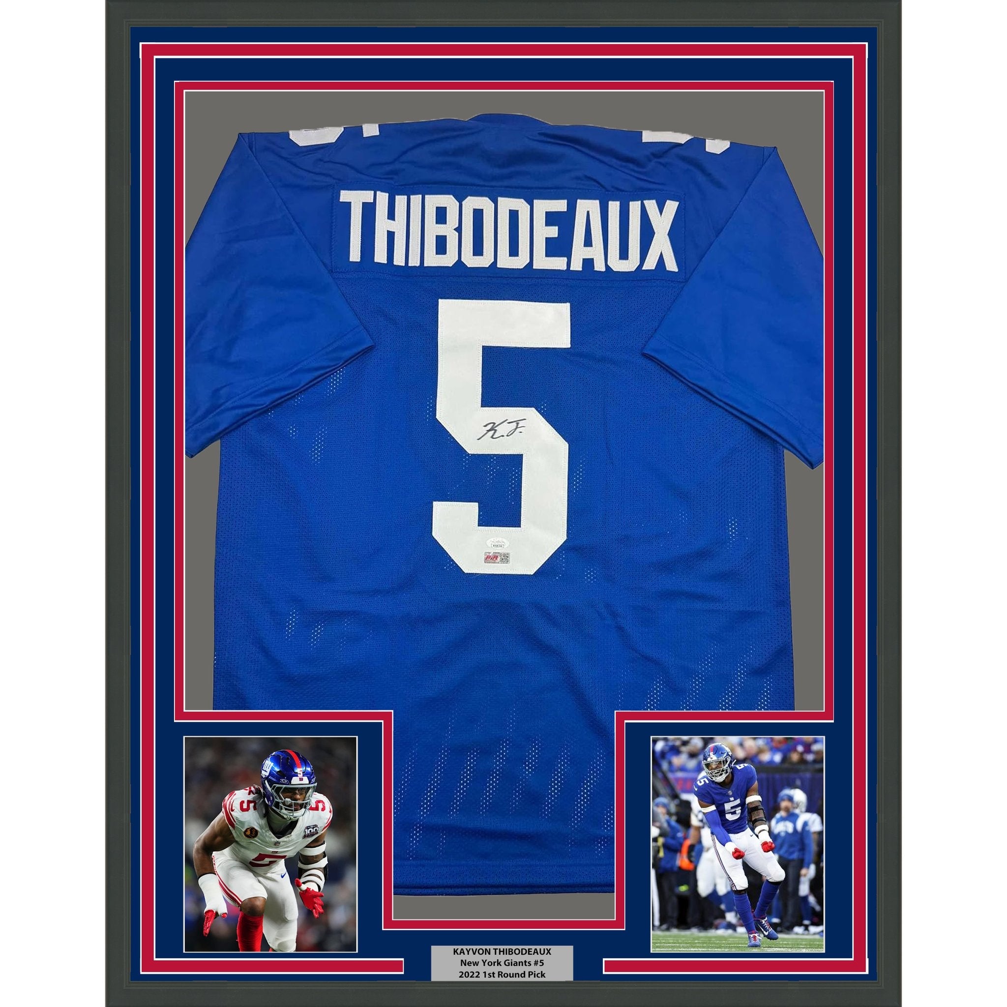 Framed Autographed/Signed Kayvon Thibodeaux 35x39 New York Blue Football Jersey JSA COA