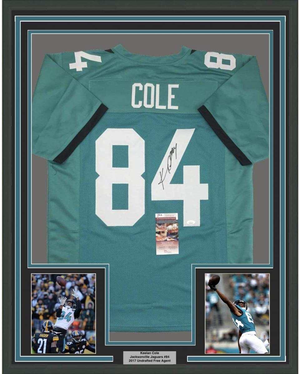 Framed Autographed/Signed Keelan Cole 35x39 Jacksonville Teal Football Jersey JSA COA
