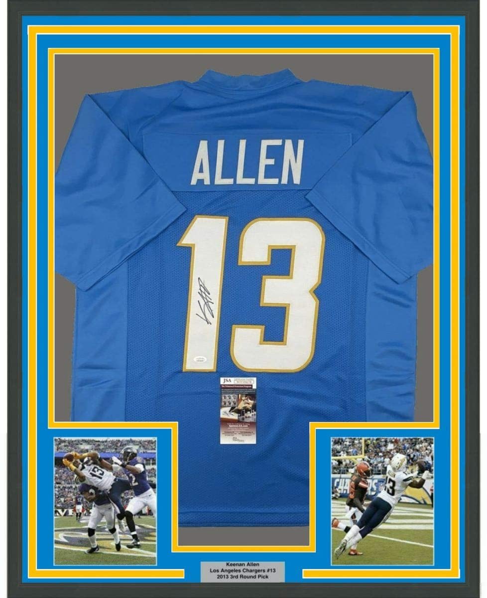 Framed Autographed/Signed Keenan Allen 35x39 Los Angeles LA 2020 Powder Blue Football Jersey JSA COA