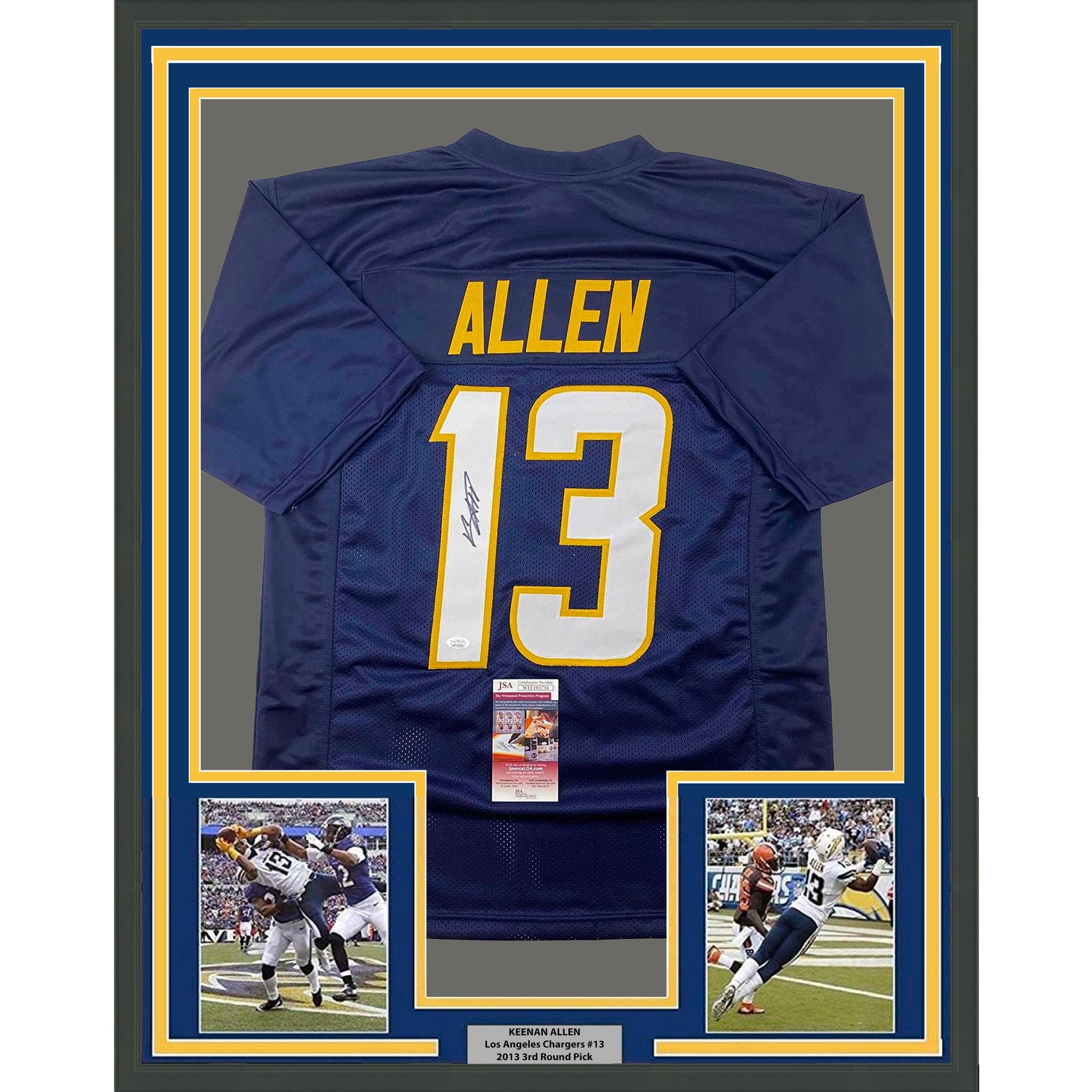 Framed Autographed/Signed Keenan Allen 35x39 Los Angeles LA Navy Blue Football Jersey JSA COA
