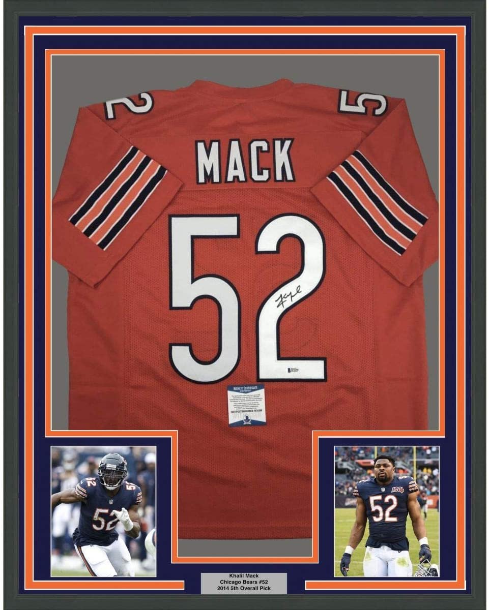 Framed Autographed/Signed Khalil Mack 35x39 Chicago Orange Football Jersey Beckett BAS COA