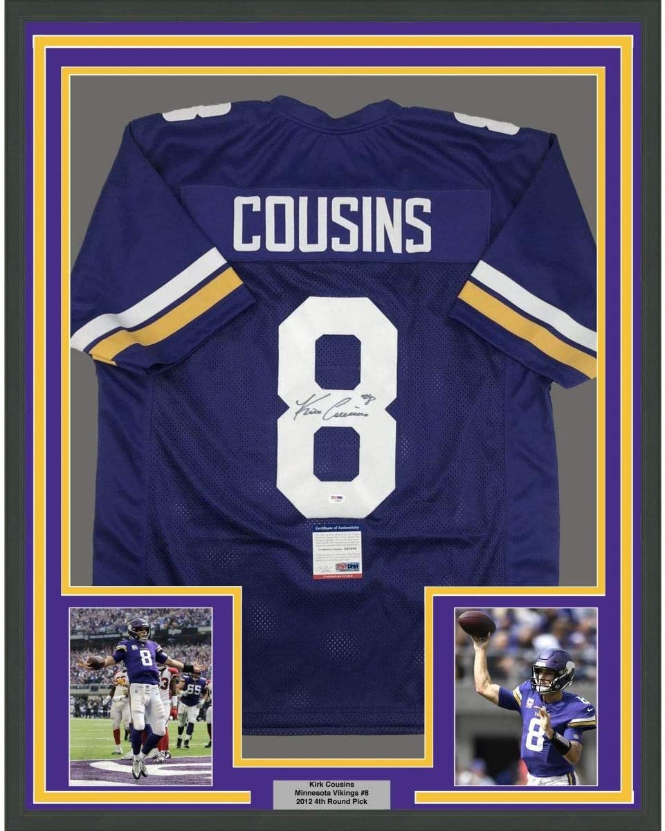 Framed Autographed/Signed Kirk Cousins 35x39 Minnesota Purple Football Jersey PSA/DNA COA