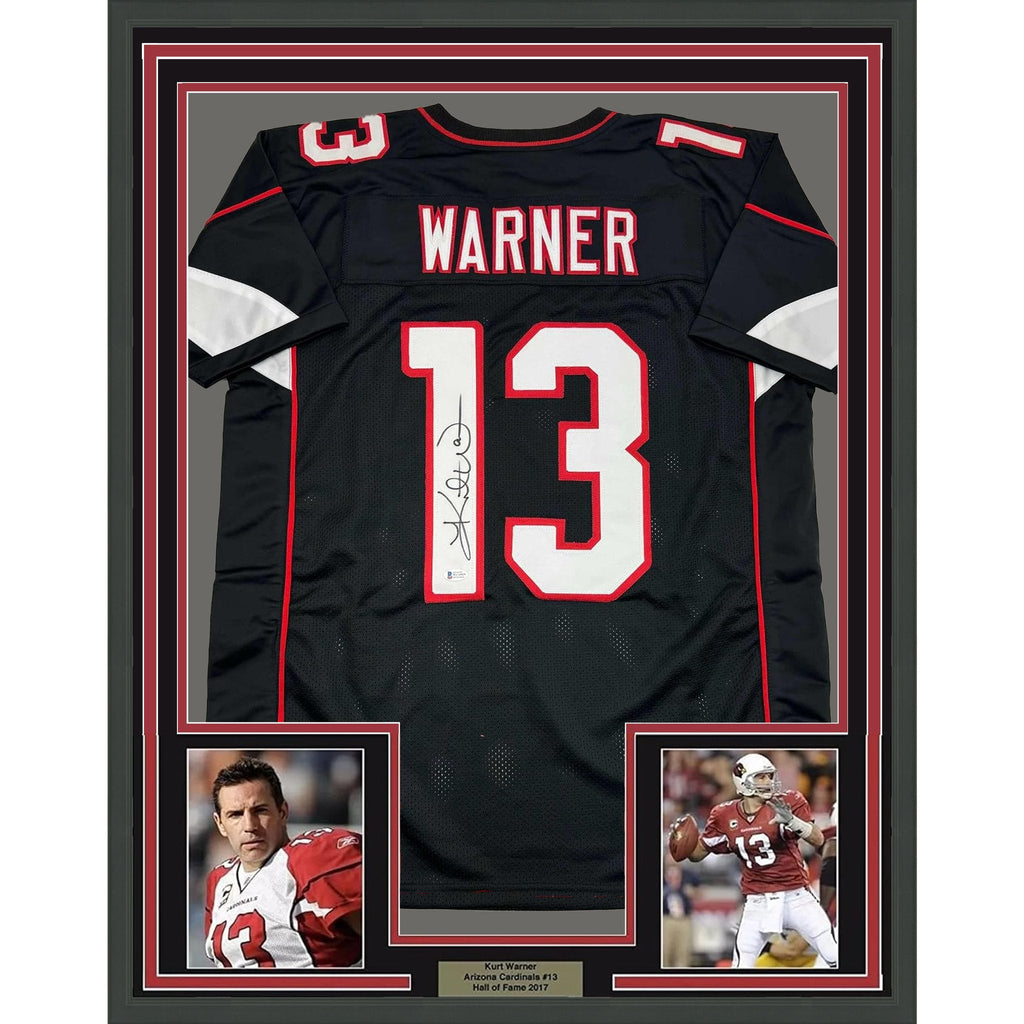 Framed Autographed/Signed Kurt Warner 35x39 Arizona Black Football Jersey Beckett BAS COA