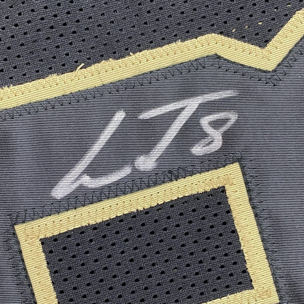 Framed Autographed/Signed Lamar Jackson 35x39 Baltimore Blackout Football Jersey JSA COA