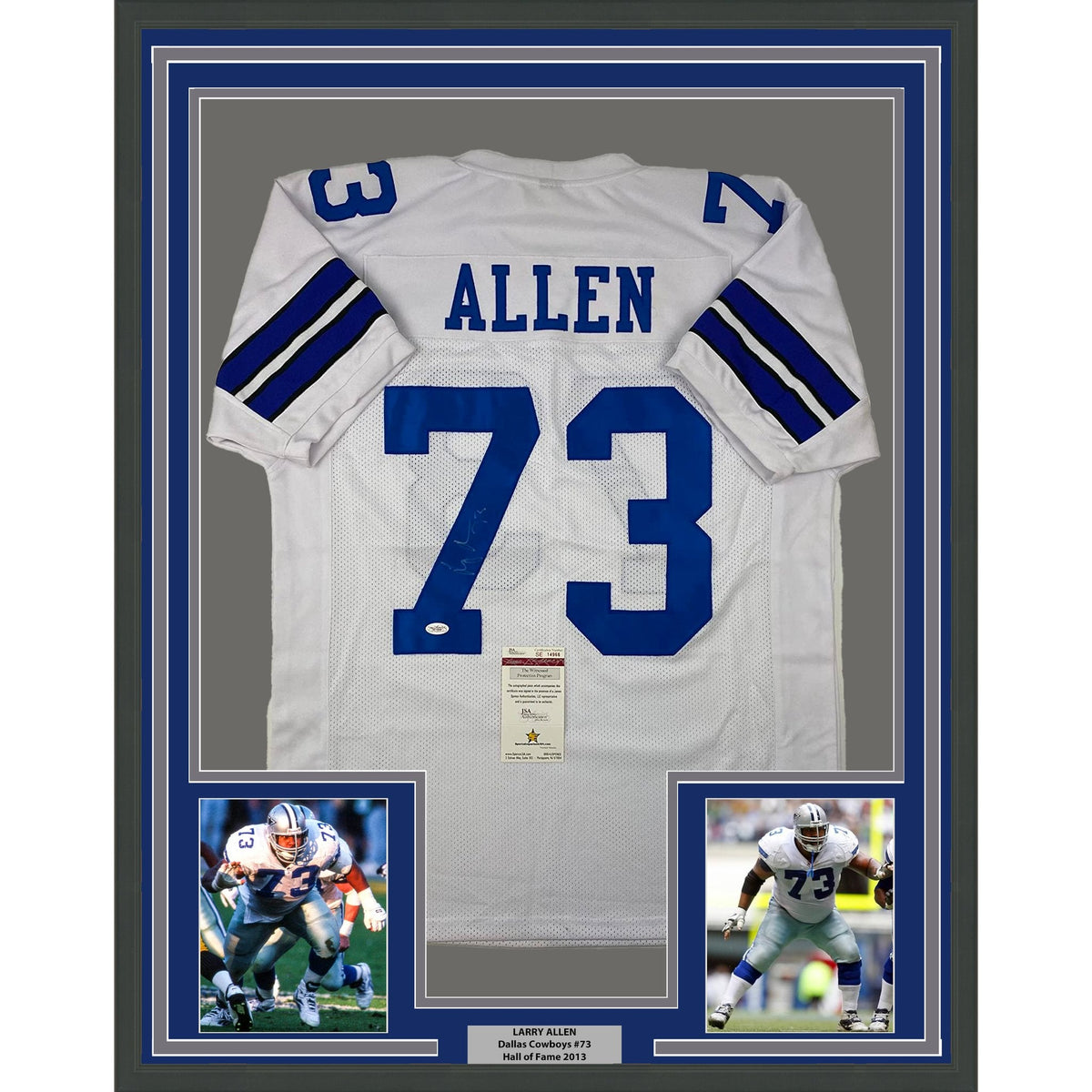 Framed Autographed/Signed Larry Allen 35x39 Dallas White Football Jersey JSA COA