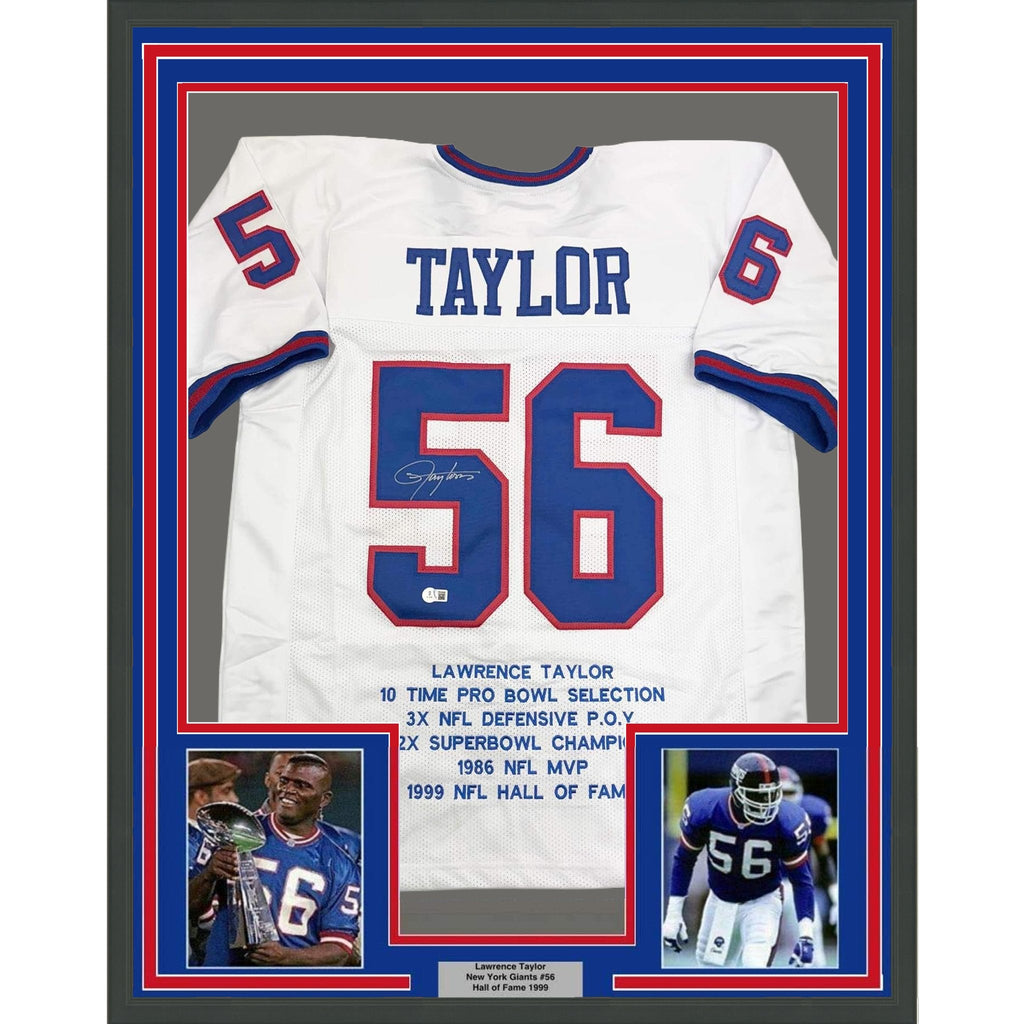 Framed Autographed/Signed Lawrence Taylor 35x39 New York White Stat Football Jersey Beckett BAS COA