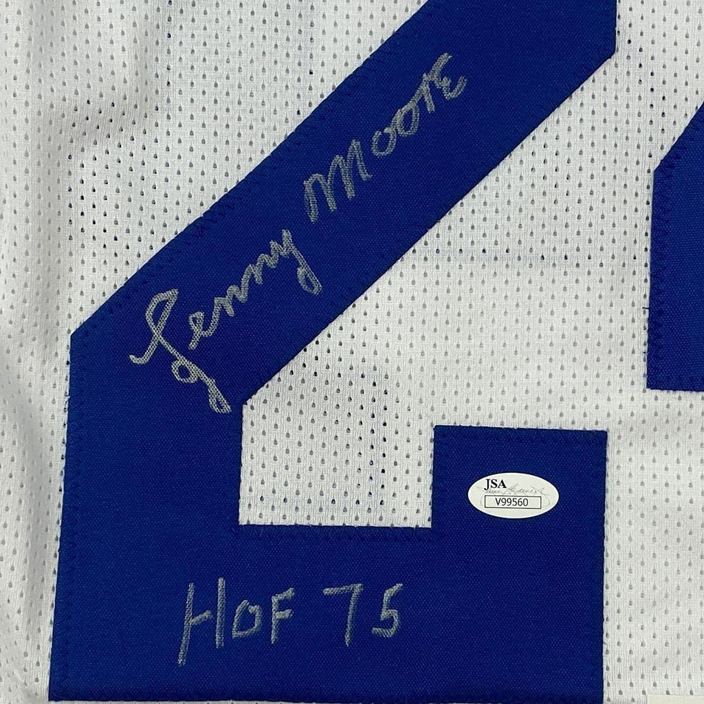 Framed Autographed/Signed Lenny Moore 35x39 HOF 75 Baltimore White Football Jersey JSA COA