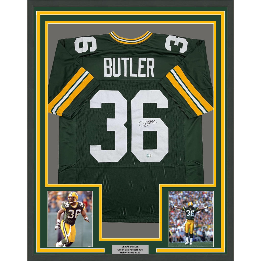 Framed Autographed/Signed Leroy Butler 35x39 Green Bay Green Football Jersey Beckett BAS COA