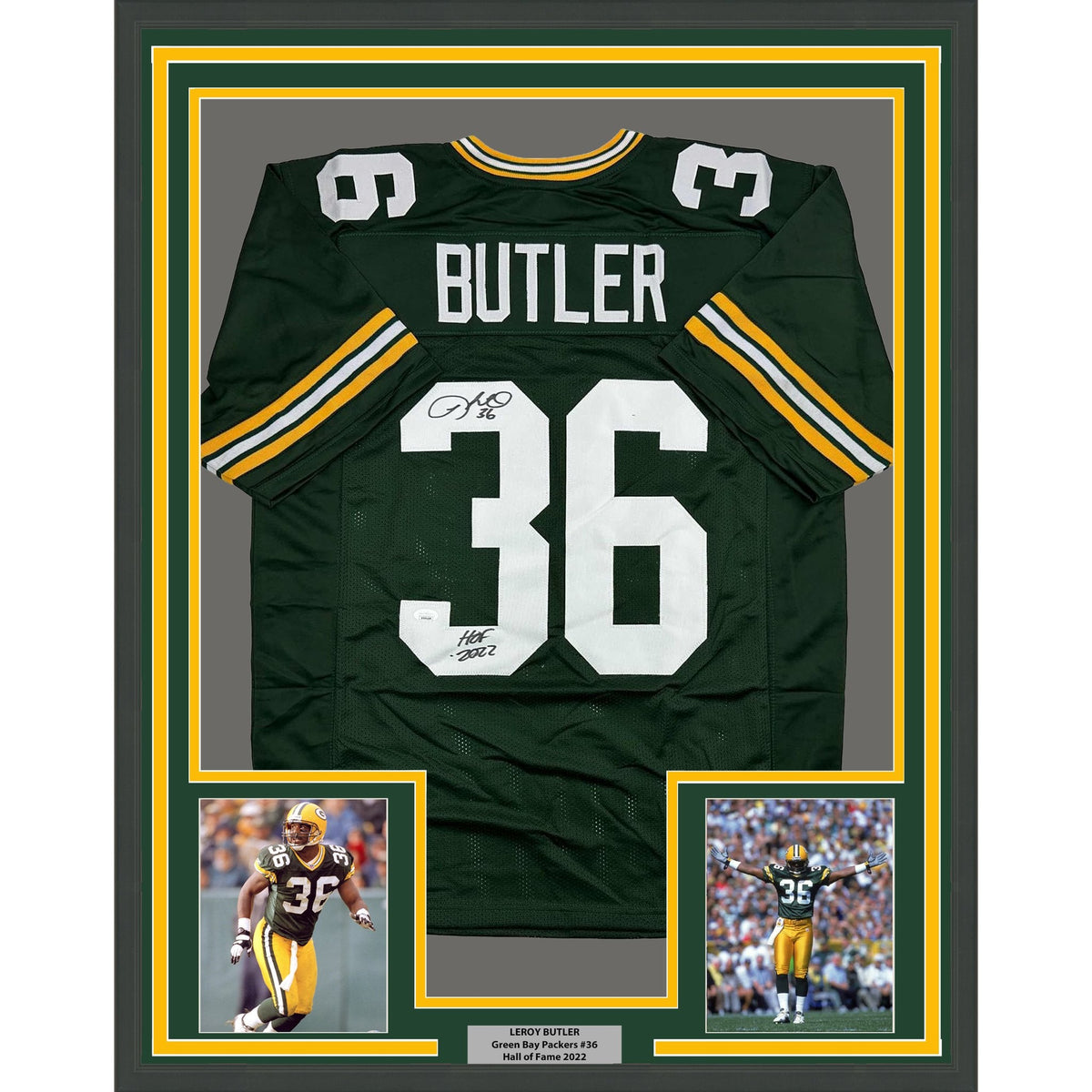 Framed Autographed/Signed Leroy Butler 35x39 HOF 2022 Green Bay Green Football Jersey JSA COA