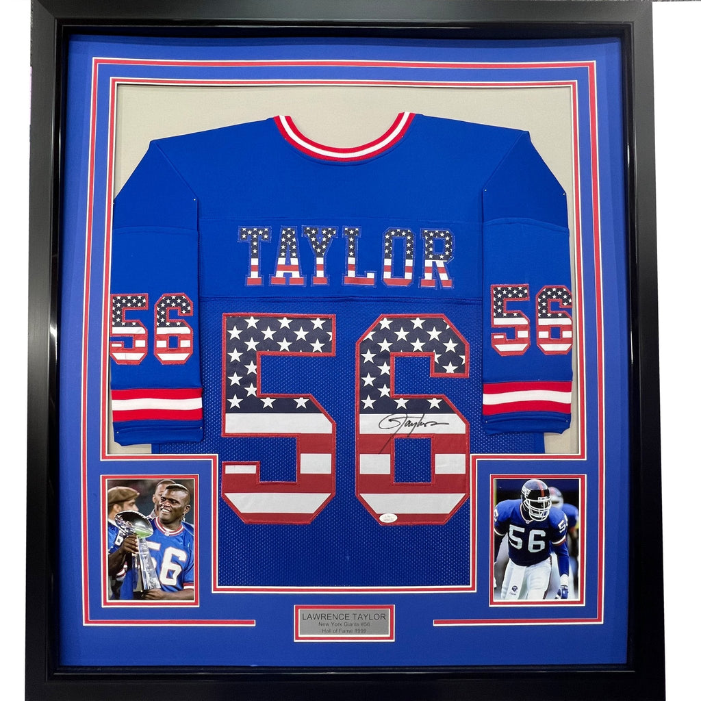 Framed Autographed/Signed Lawrence Taylor 35x39 New York Blue USA American Flag Football Jersey Beckett BAS COA