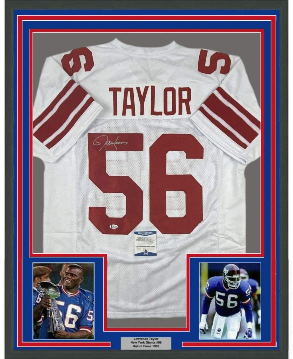 Framed Autographed/Signed Lawrence Taylor 35x39 New York White Football Jersey Beckett BAS COA