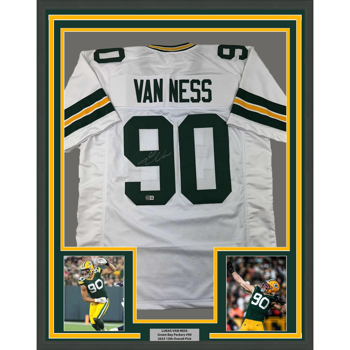 Framed Autographed/Signed Lukas Van Ness 35x39 Green Bay White Football Jersey Beckett BAS COA
