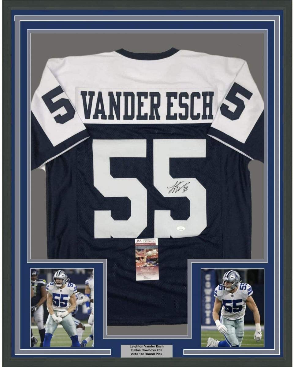 Framed Autographed/Signed Leighton Vander Esch 35x39 Dallas Thanksgiving Day Football Jersey JSA COA