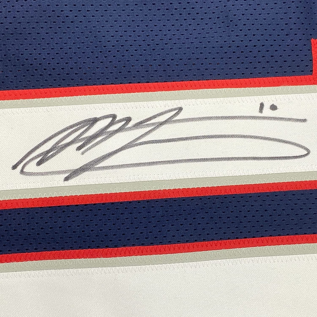Framed Autographed/Signed Mac Jones 35x39 New England Blue Football Jersey Beckett BAS COA
