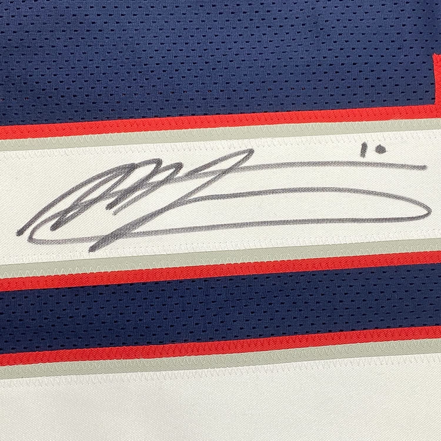 Framed Autographed/Signed Mac Jones 35x39 New England Blue Football Jersey Beckett BAS COA