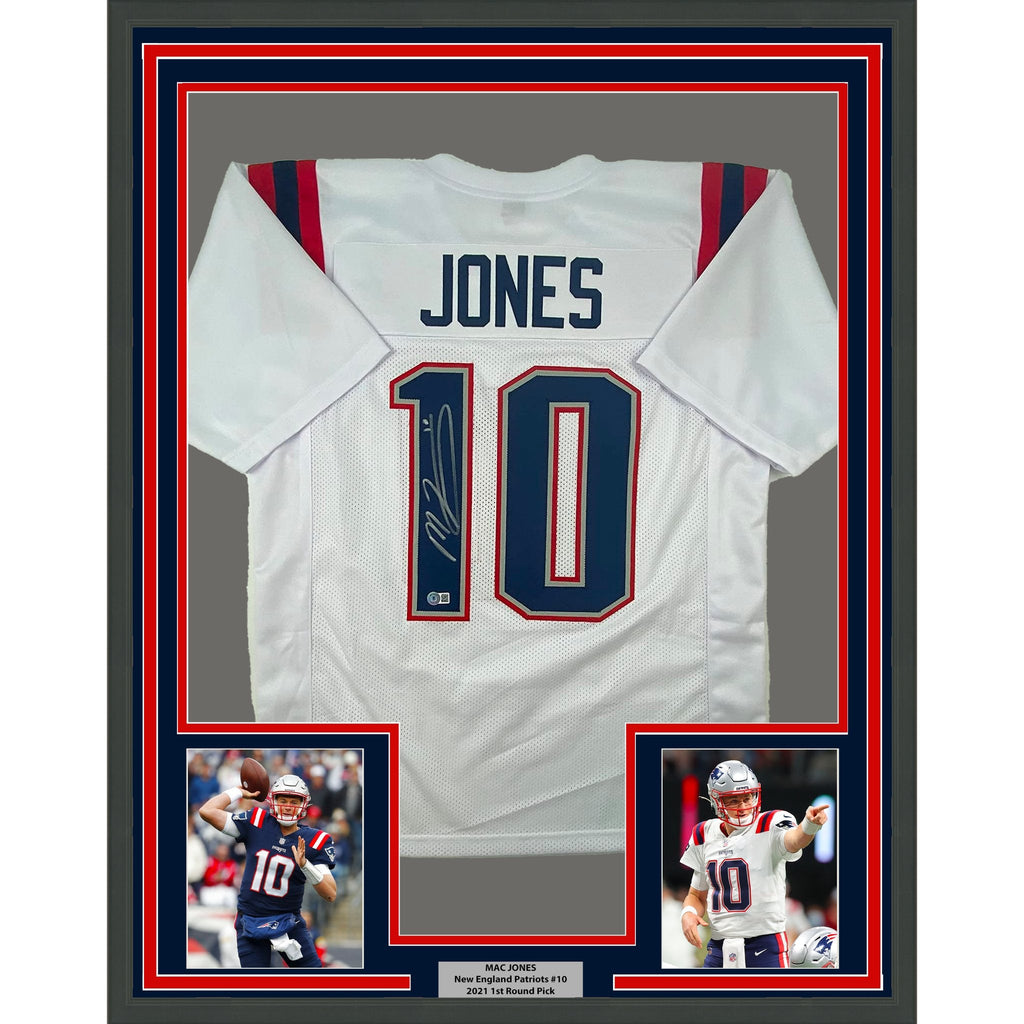 Framed Autographed/Signed Mac Jones 35x39 New England White Football Jersey Beckett BAS COA