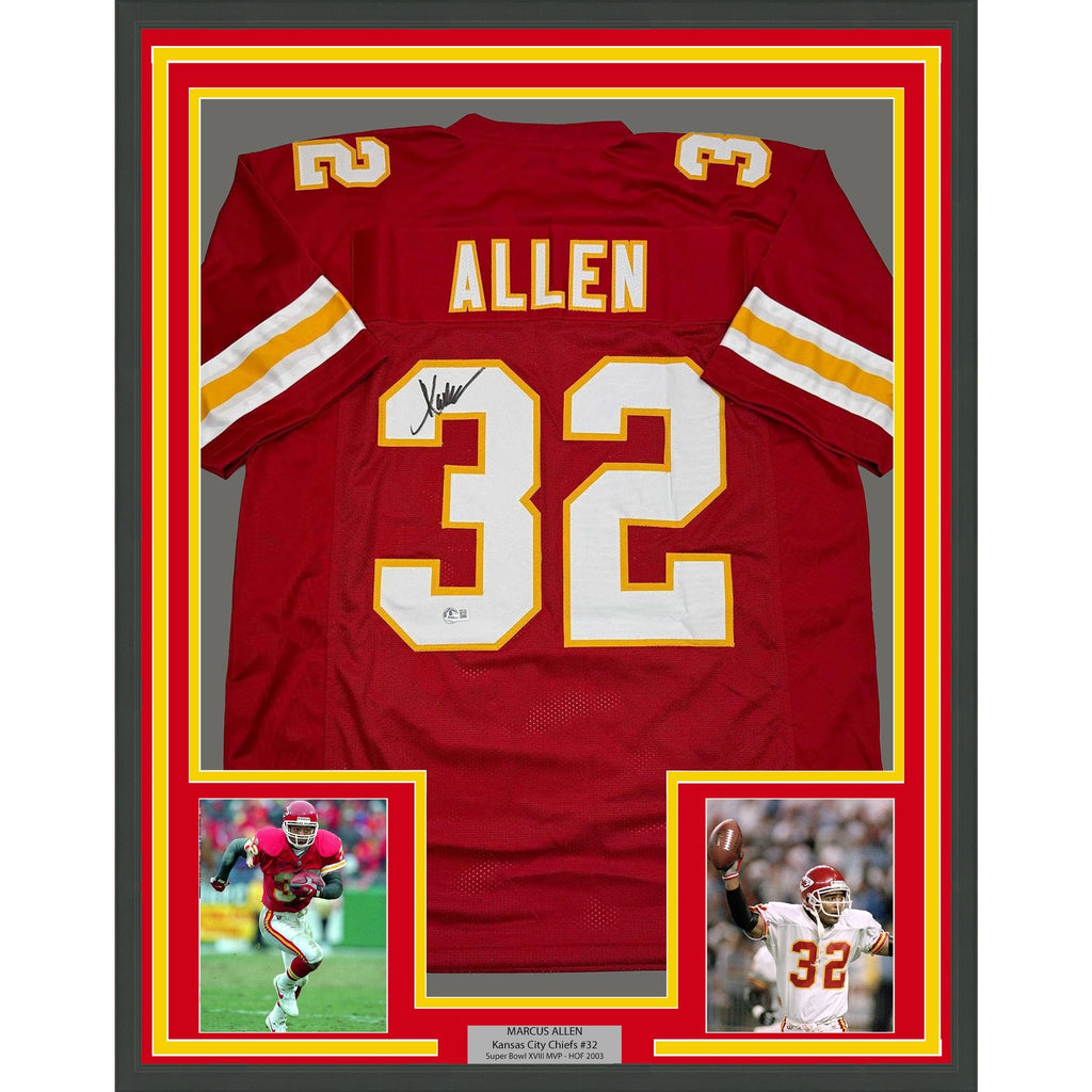 Framed Autographed/Signed Marcus Allen 35x39 Kansas City Red Football Jersey Beckett BAS COA