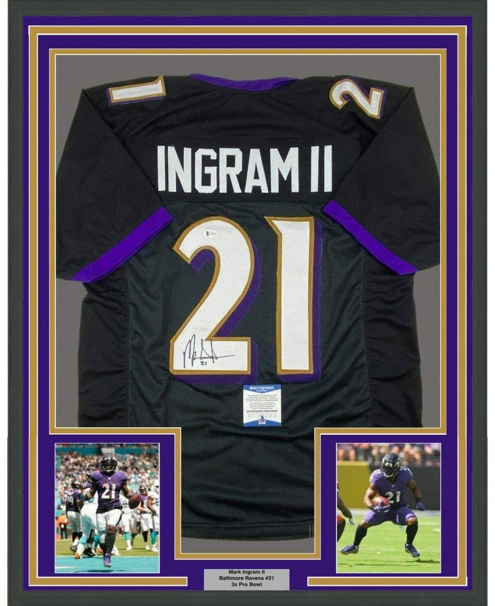 Framed Autographed/Signed Mark Ingram II 35x39 Baltimore Black Football Jersey Beckett BAS COA