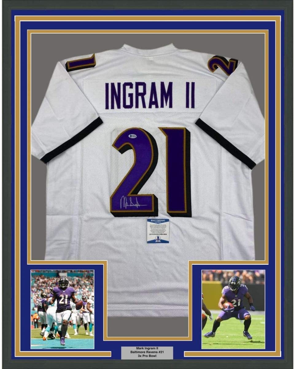 Framed Autographed/Signed Mark Ingram II 35x39 Baltimore White Football Jersey Beckett BAS COA