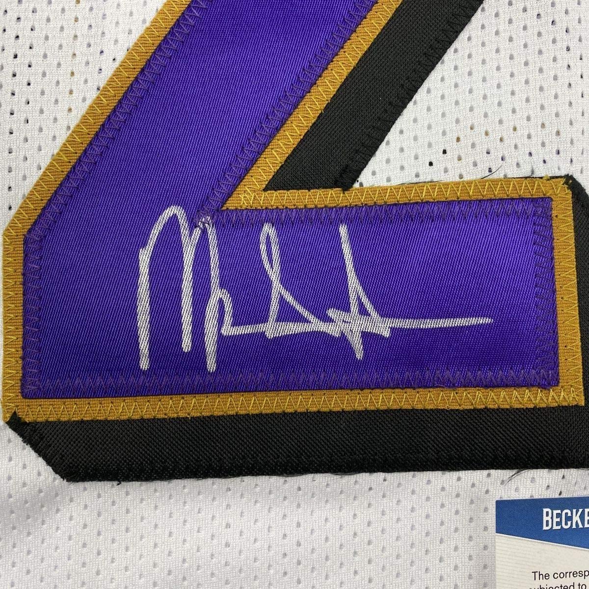Framed Autographed/Signed Mark Ingram II 35x39 Baltimore White Football Jersey Beckett BAS COA