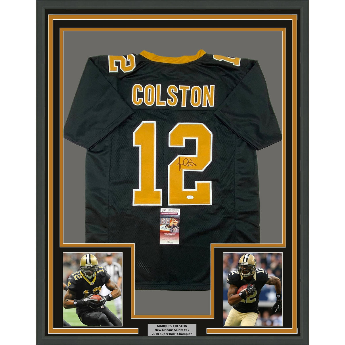 Framed Autographed/Signed Marques Colston 35x39 New Orleans Black Football Jersey JSA COA
