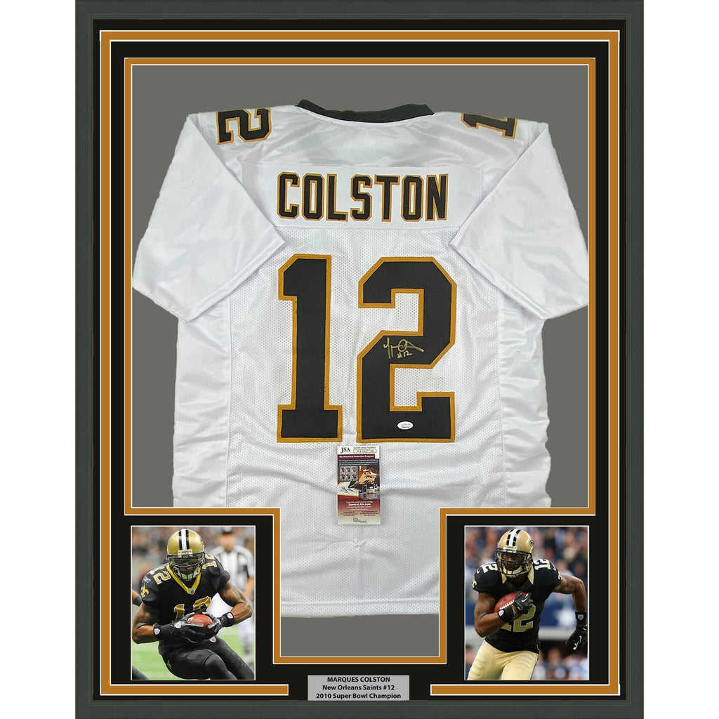 Framed Autographed/Signed Marques Colston 35x39 New Orleans White Football Jersey JSA COA
