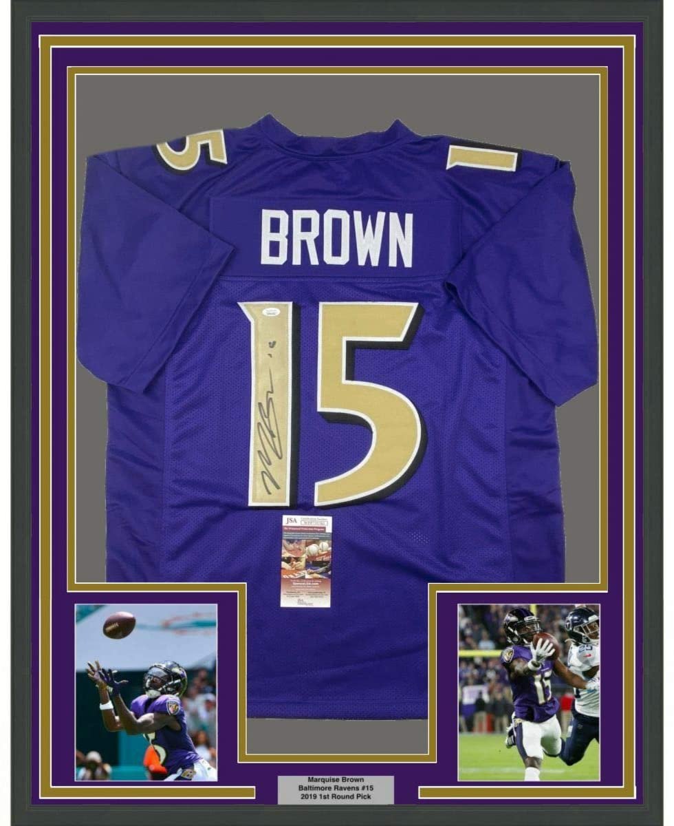 Framed Autographed/Signed Marquise Brown 35x39 Baltimore Color Rush Football Jersey JSA COA