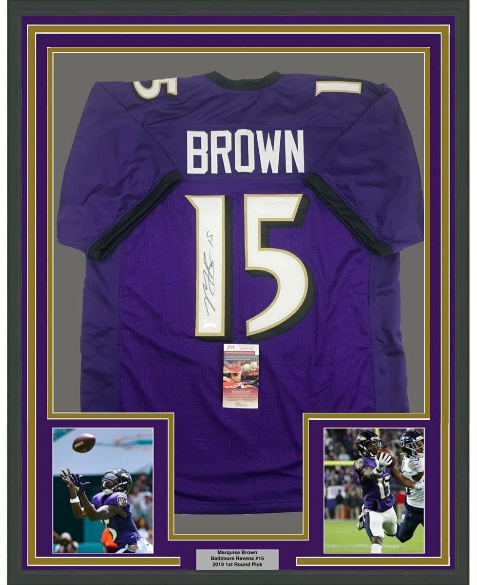 Framed Autographed/Signed Marquise Brown 35x39 Baltimore Purple Football Jersey JSA COA
