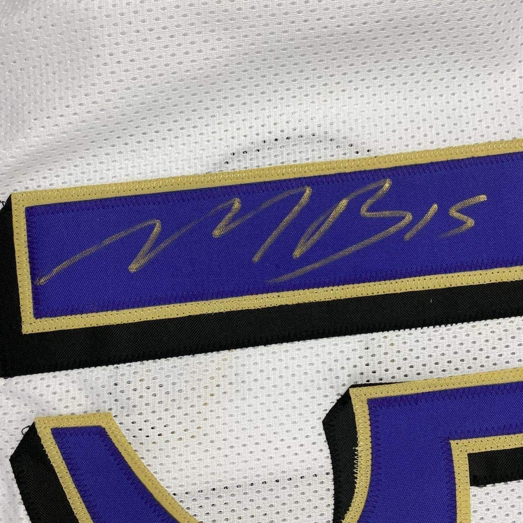 Framed Autographed/Signed Marquise Brown 35x39 Baltimore White Football Jersey JSA COA