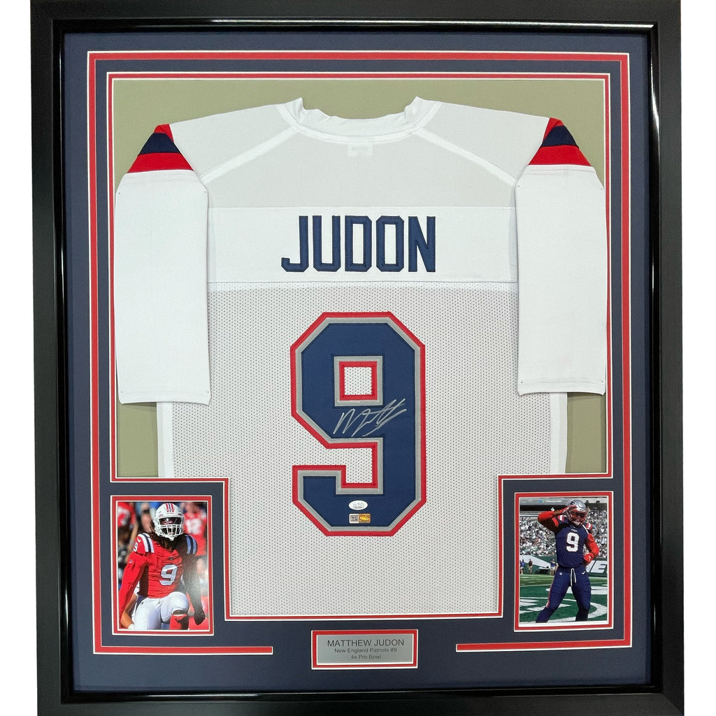 Framed Autographed/Signed Matthew Judon 35x39 New England White Football Jersey JSA COA