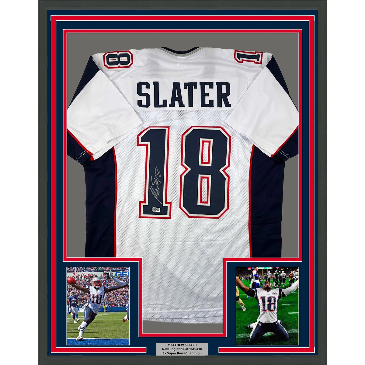 Framed Autographed/Signed Matthew Slater 35x39 New England White Football Jersey Beckett BAS COA