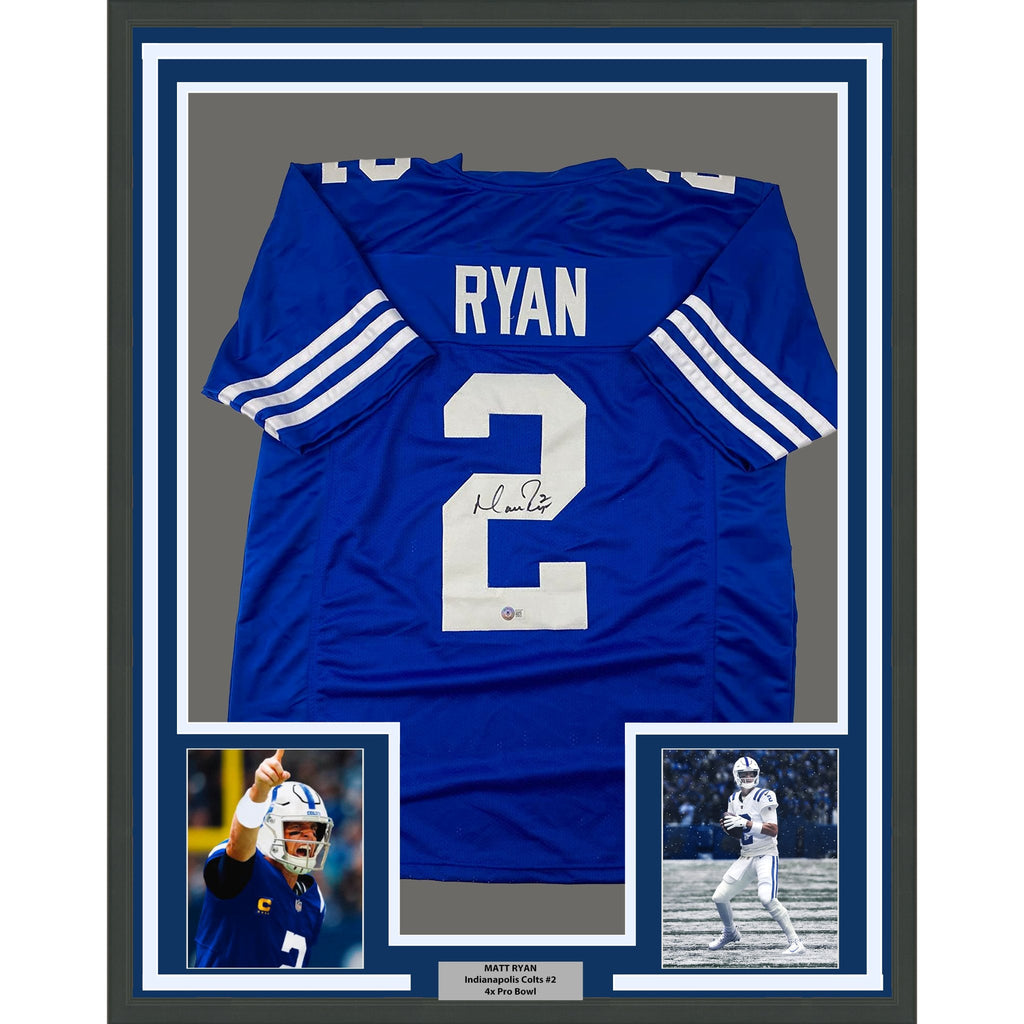 Framed Autographed/Signed Matt Ryan 35x39 Indianapolis Blue Football Jersey Beckett BAS COA