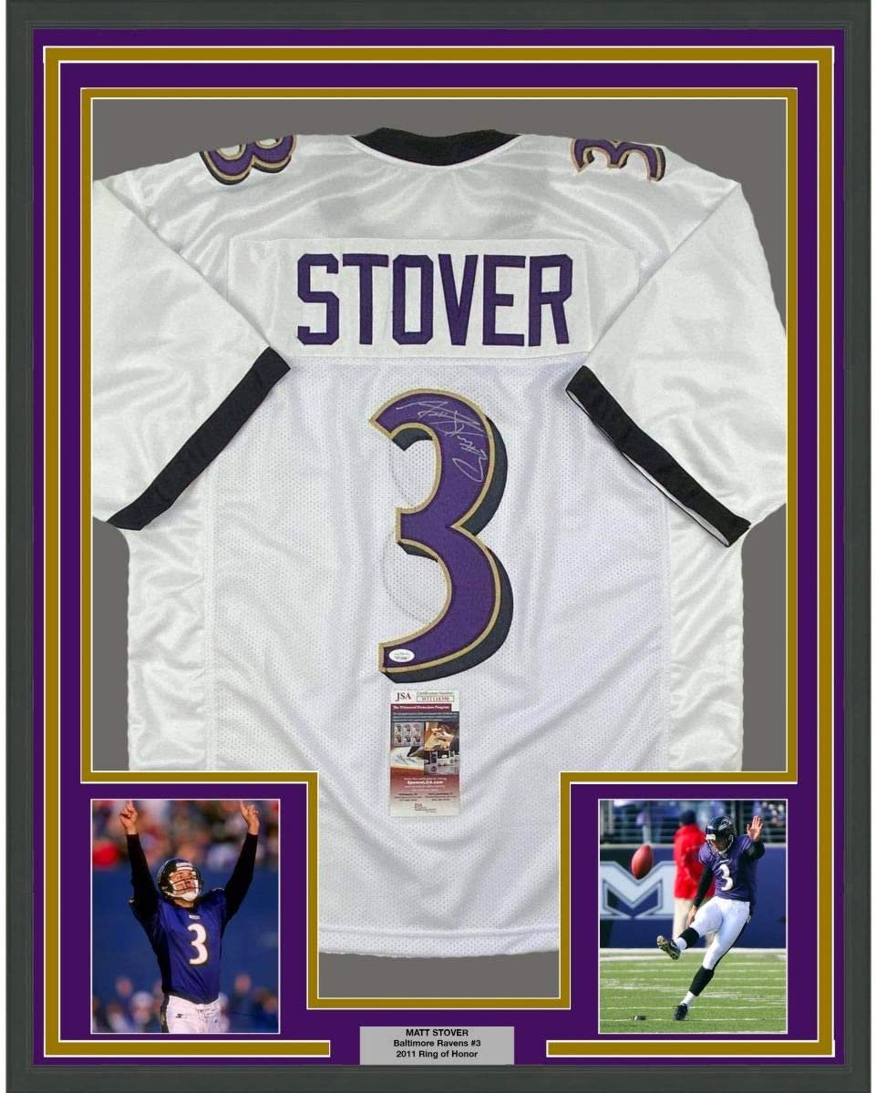 Framed Autographed/Signed Matt Stover 35x39 Baltimore White Football Jersey JSA COA
