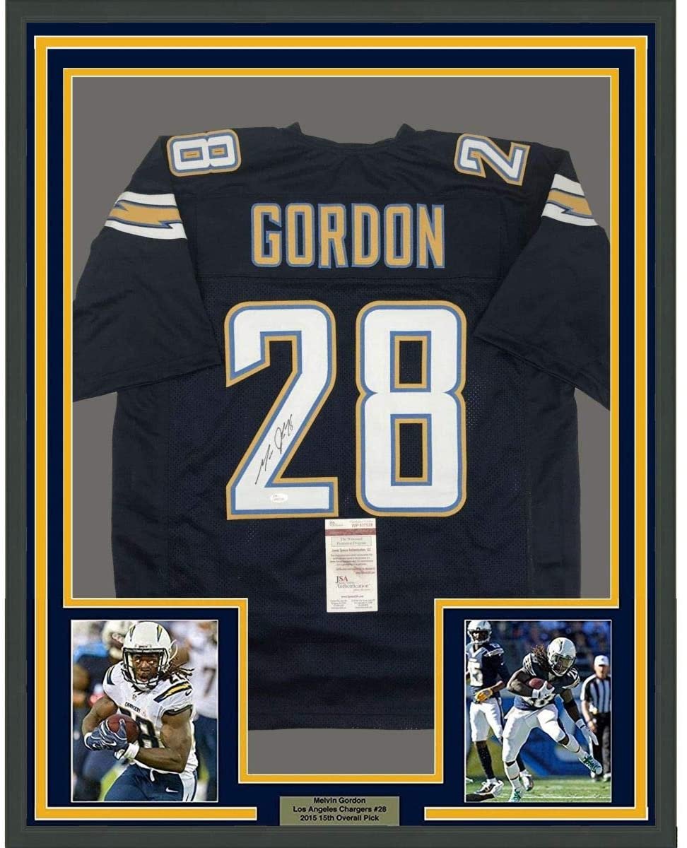 Framed Autographed/Signed Melvin Gordon 35x39 Los Angeles LA Dark Blue Football Jersey JSA COA