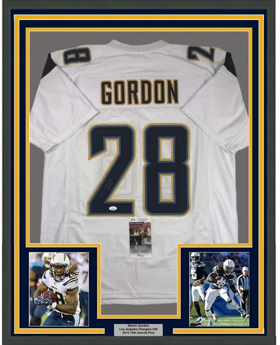 Framed Autographed/Signed Melvin Gordon 35x39 Los Angeles LA White Football Jersey JSA COA
