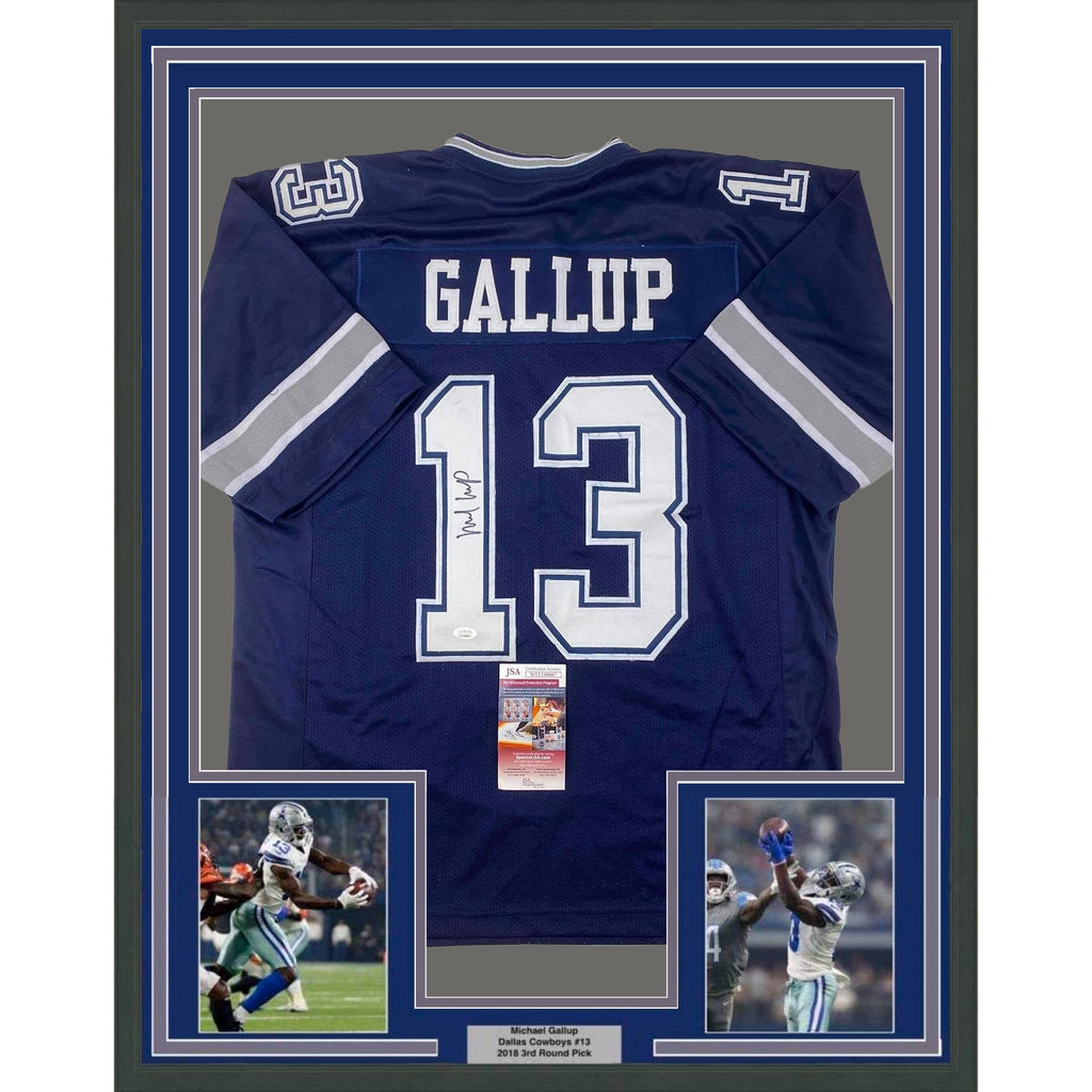 Framed Autographed/Signed Michael Gallup 35x39 Dallas Blue Football Jersey JSA COA