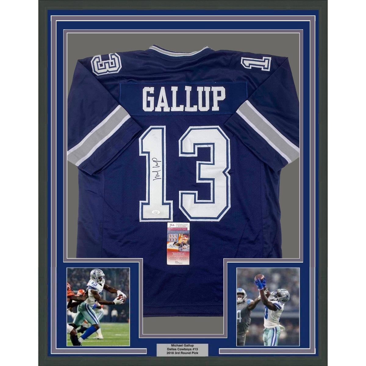 Framed Autographed/Signed Michael Gallup 35x39 Dallas Blue Football Jersey JSA COA