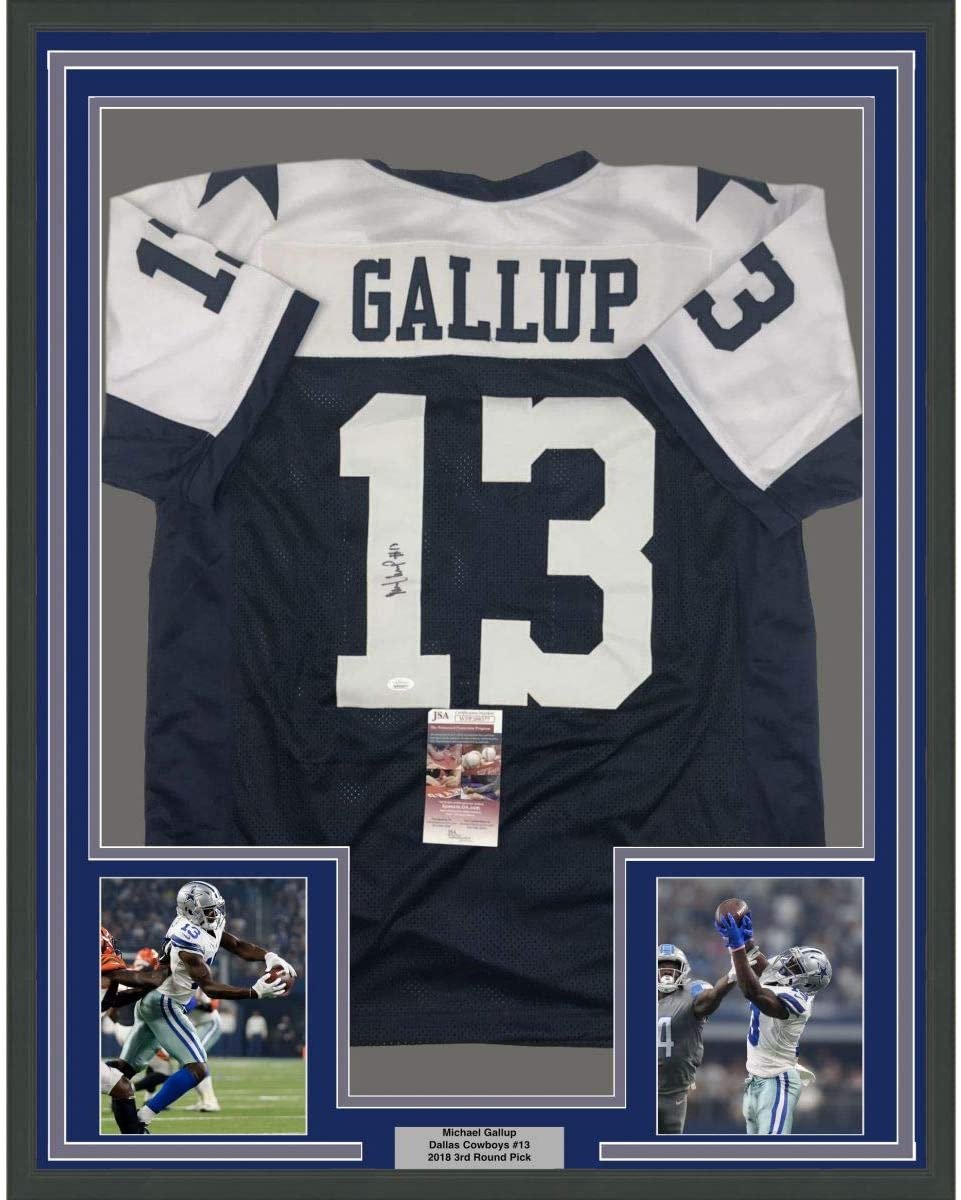 Framed Autographed/Signed Michael Gallup 35x39 Dallas Thanksgiving Day Football Jersey JSA COA