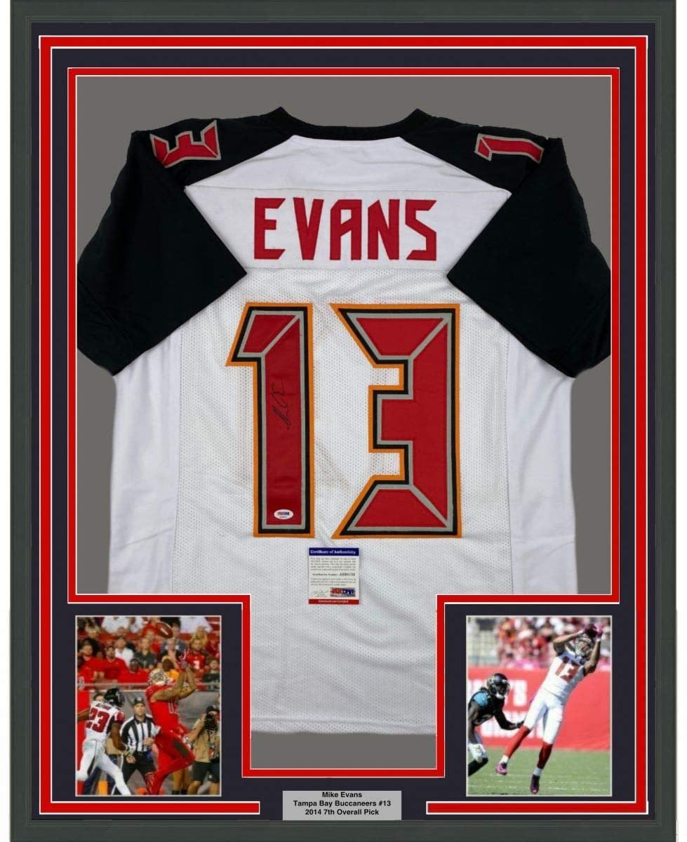 Framed Autographed/Signed Mike Evans 35x39 Tampa Bay White Football Jersey PSA/DNA COA