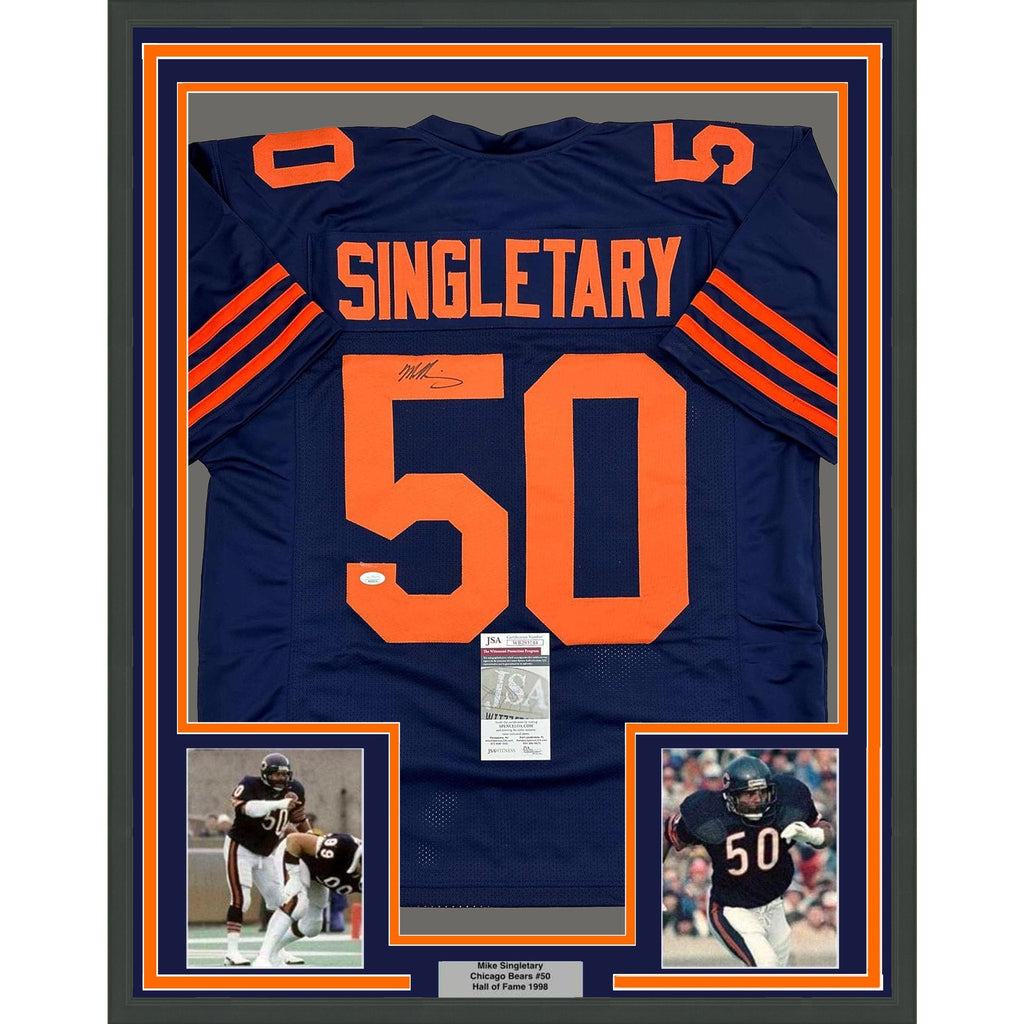 Framed Autographed/Signed Mike Singletary 35x39 Chicago Retro Blue Color Rush Football Jersey JSA COA