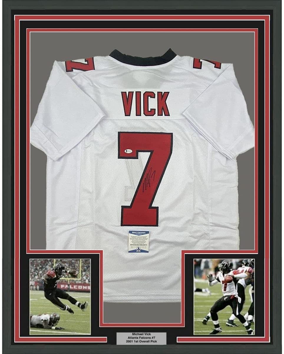 Framed Autographed/Signed Michael Mike Vick 35x39 Atlanta Retro White Football Jersey Beckett BAS COA