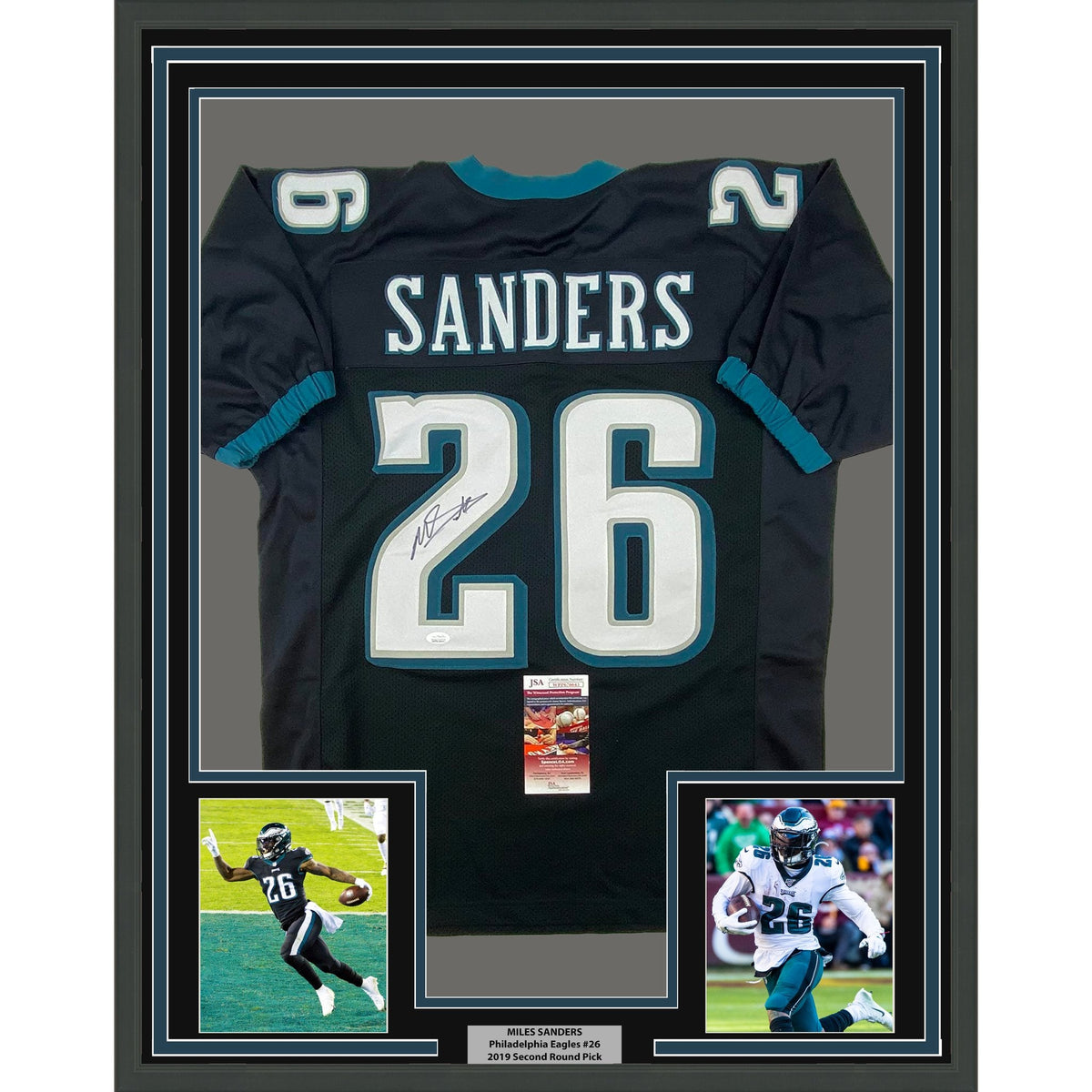 Framed Autographed/Signed Miles Sanders 35x39 Philadelphia Black Football Jersey JSA COA